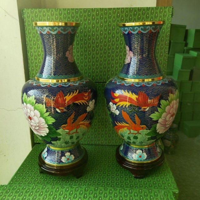 This is a striking pair of vintage cloisonné enamel vases, crafted from a substantial copper body with intricate wire...