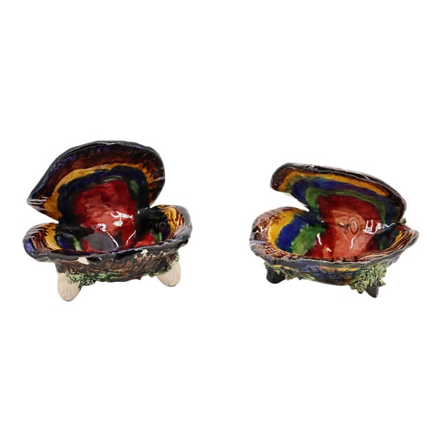 1920s Pair of Two Majolica Oyster Shell Salt Cellars With Mussel Shells Feet, Portuguese Palissy Ware, Earthenware For Sale