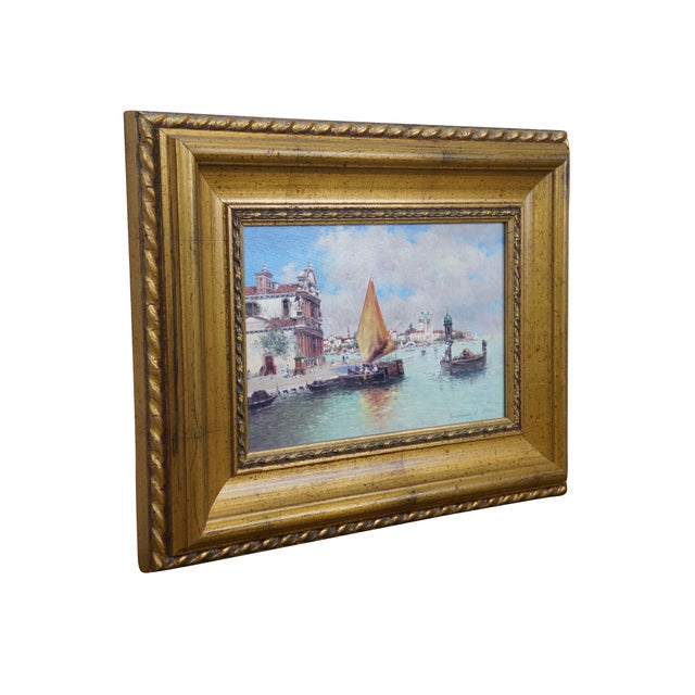 2006 oil on canvas cityscape painting titled "Venice" by Vasily Gribennikov. Depicts a view from the water of boats near...