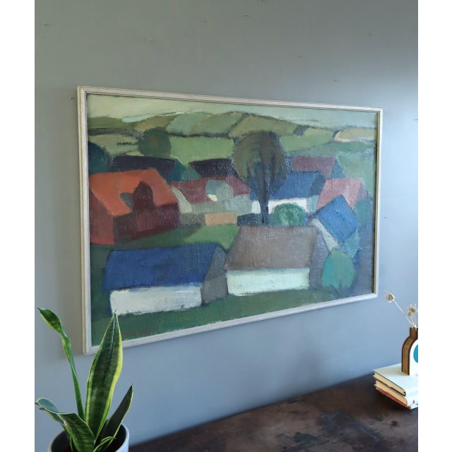 Mid 20th Century 1963 Mid-Century Modern 'Houses by the Rolling Hills' Vintage Swedish Expressive Landscape Oil Painting, Framed For Sale - Image 5 of 12