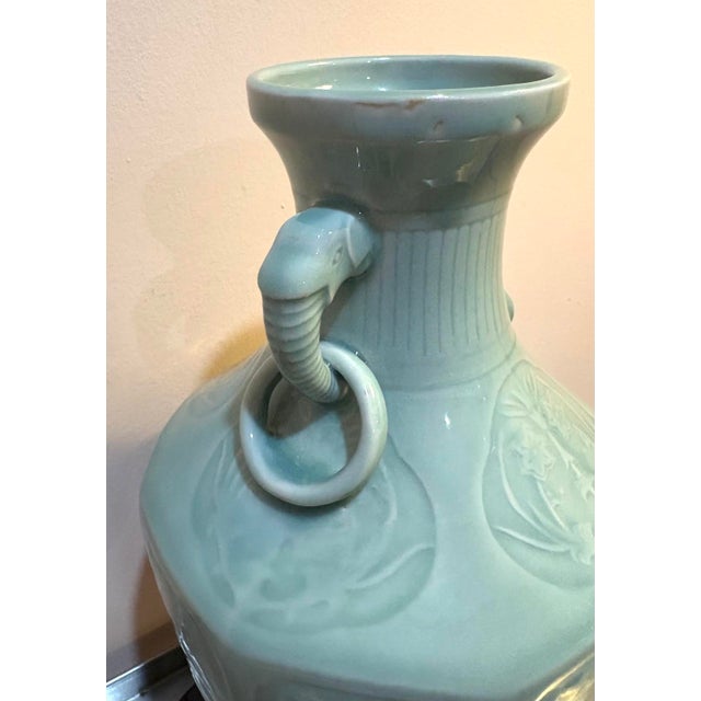 Chinese Chinese Celadon Porcelain Elephant Head Vase W/ Wood Stand For Sale - Image 3 of 7