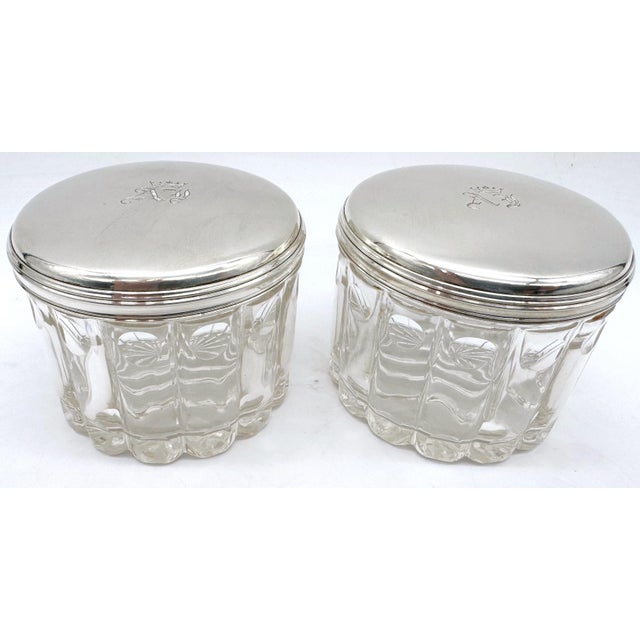 Pair French 'Royal' Silver Armorial Cut Glass Bamboo Motif Dresser Jars For Sale In West Palm - Image 6 of 7