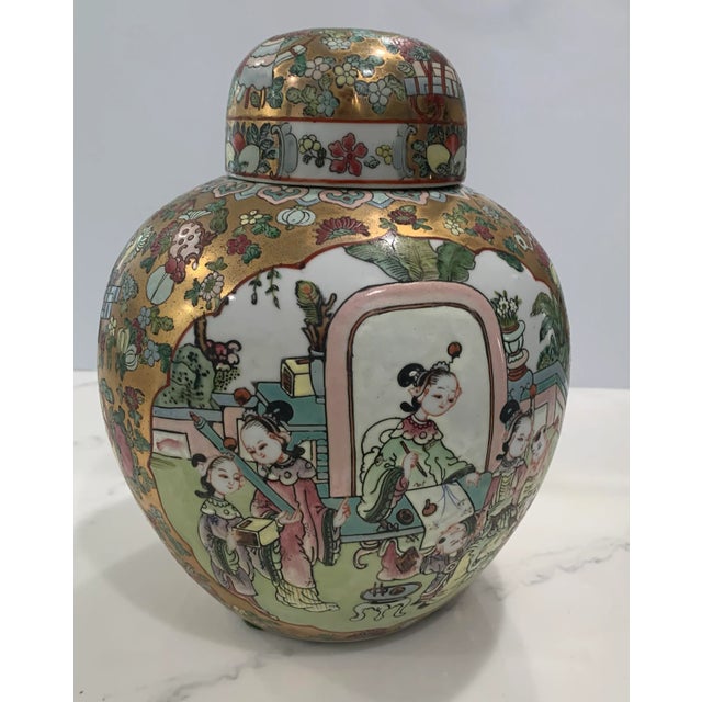 Mid 20th Century Mid 20th Century Large Chinese Porcelain Gold Glazed Ginger Jar With Children, Yongzheng Mark For Sale - Image 5 of 11