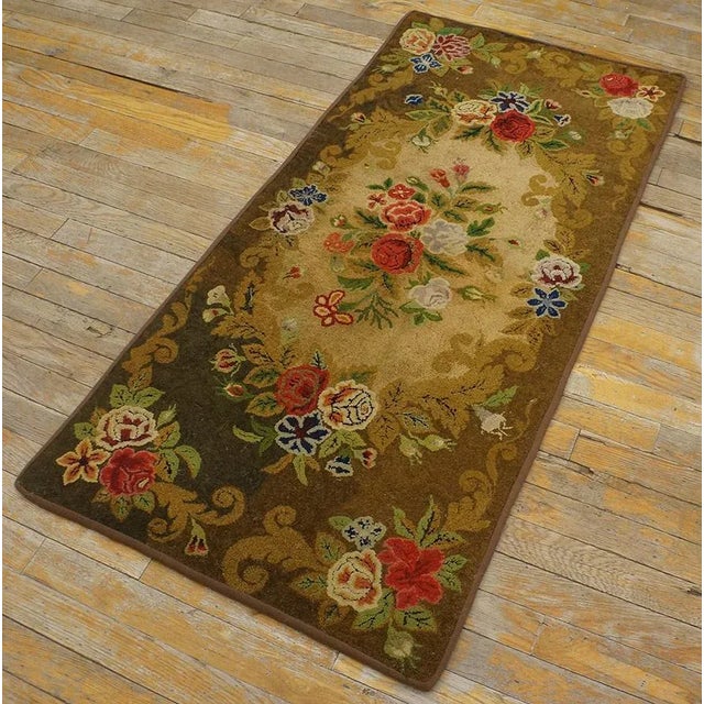 Antique American Hooked Rug, Size: 2'1" x4'6" Vintage American Hooked Floral Medallion Wool Brown Earth Tone 1950s Rug,...
