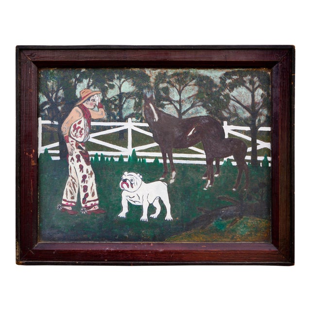 Abstract Folk Art Western Figurative Painting of a Cowboy, Horses, and a Dog, Early 20th Century For Sale
