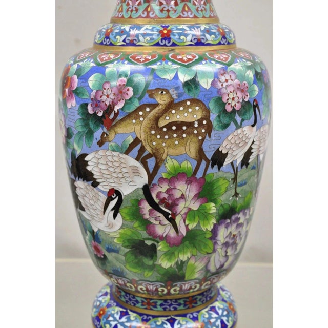 Early 20th Century Vintage Chinese Cloisonné Porcelain Enamel Figural Crane and Deer Vase - A Pair For Sale - Image 5 of 11