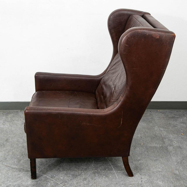 Animal Skin Mid Century Danish Modern Lounge Chair Wingback Brown Leather High Back Seat MCM For Sale - Image 7 of 11