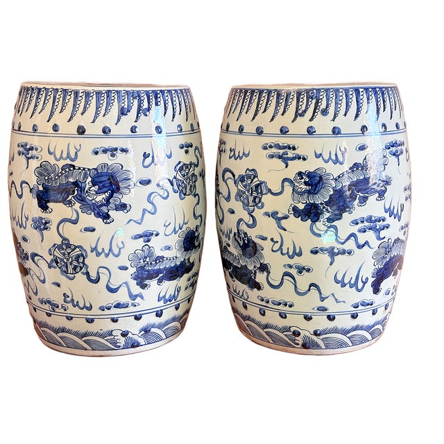 Chinoiserie Porcelain Blue and White Dancing Foo Dogs Garden Stools - A Pair For Sale In Houston - Image 6 of 7