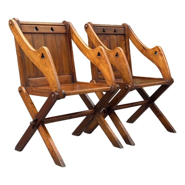 19th Century Victorian Pitch Pine Glastonbury Armchairs, 1880, Set of 2 For Sale