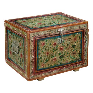 Indian Green Painted Wooden Chest, 1940s For Sale