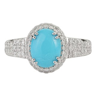 Statement 1.47 Carat Turquoise & Diamond Halo Cocktail Ring Size 4 in 14k White Gold For Sale