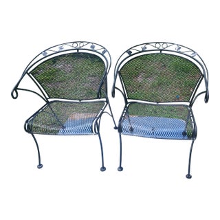 Vintage 50s Russell Woodard Wrought Iron Mesh Barrel Armchairs - A Pair, Attributed For Sale