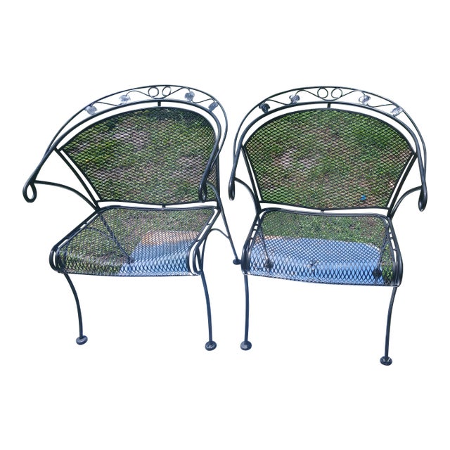 Vintage 50s Russell Woodard Wrought Iron Mesh Barrel Armchairs - A Pair, Attributed For Sale