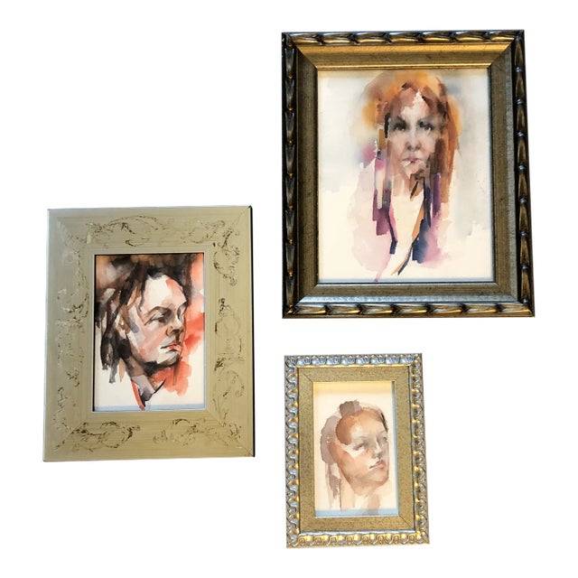 Gallery Wall Collection-3 Vintage 1970’s Portrait Watercolor Paintings Vintage Frames - Set of 3 For Sale