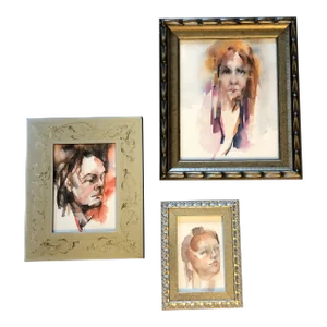 Gallery Wall Collection-3 Vintage 1970’s Portrait Watercolor Paintings Vintage Frames - Set of 3