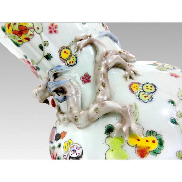 Paint Rare Antique "Linen Fold" Famille Rose Vases, Signed White Porcelain Chinese With Chimera, Republic Period, a Pair For Sale - Image 7 of 11