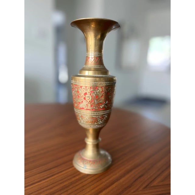 Indian 1970s Vintage Brass Kashmiri Botanical Enameled Vase For Sale - Image 3 of 5