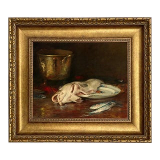English Cod Still Life Print on Canvas in Wide Antiqued Gold Frame, 11x14" Print, 17x20" Framed For Sale