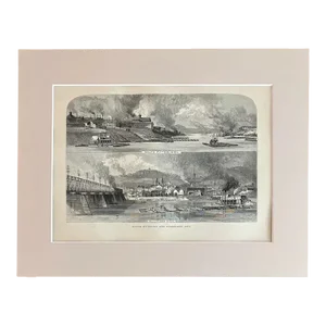 Antique 1874 Wood Engraving "South Pittsburgh and Allegheny City" PA, Matted