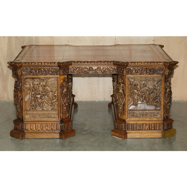 Religious Exhibition Quality 19th Century Walnut Partner Desk With 17th Century Hand-Carved Religious Panels For Sale - Image 3 of 18
