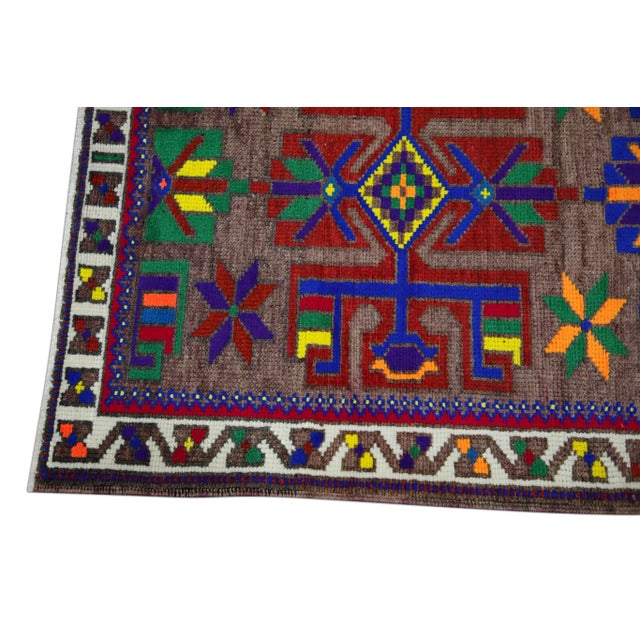 Traditional 1960s Purple Colorful Geometric Design Handwoven Wool Vintage Turkish Runner 3' X 12'6" For Sale - Image 3 of 6