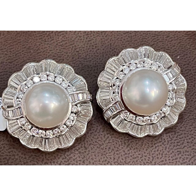 South Sea Pearl with 12 Carat Diamond Cocktail Earrings 18 K Gold Beautiful estate piece The Earrings are composed of 2...