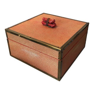 Coral - Colored Shagreen Lidded Box With Metal Wrapped Coral Lid Pull For Sale