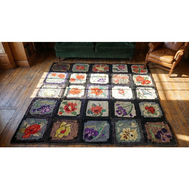 1930s Black Roses Birds Folk Art Antique American Hooked Rug 7' 10'' X 7' 10'' Woven Wool Carpet For Sale - Image 12 of 12