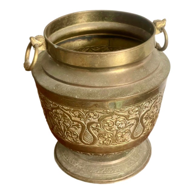 Antique Chinoiserie Incised Brass Cachepot For Sale