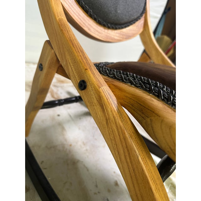 Wood Vintage-Style Folding Rocking Chair — Solid Wood, Genuine Leather Accent Chair For Sale - Image 7 of 7