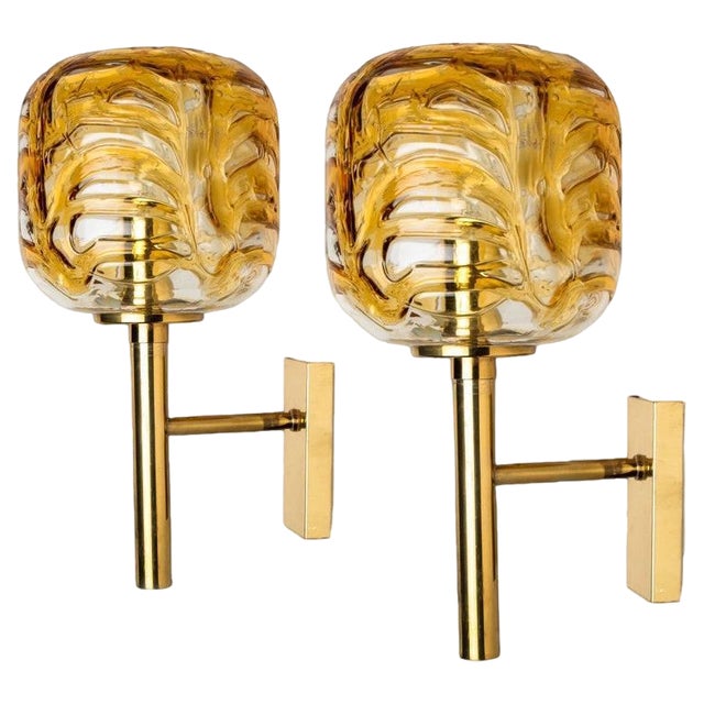 Murano Yellow Glass and Brass Wall Lights attributed to Doria Leuchten, 1960s, Set of 2 For Sale