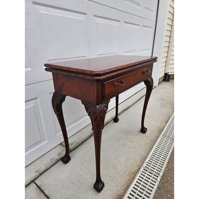Wood Square Ball and Claw Crotch Mahogany Flip Top Console Game Table For Sale - Image 7 of 17