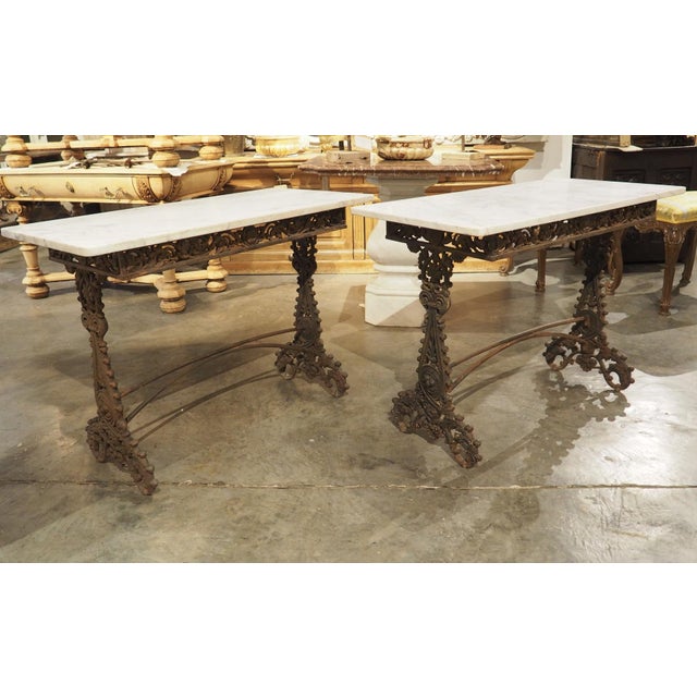 White Pair of Antique Cast Iron and Carrara Marble Top Tables From Italy, Circa 1900 For Sale - Image 8 of 12