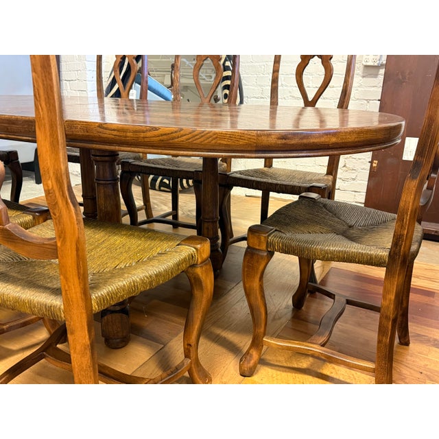 1990s Century Furniture Vintage French Provincial Oak Parquet Extension Dining Table + Chairs, Set For Sale - Image 5 of 12