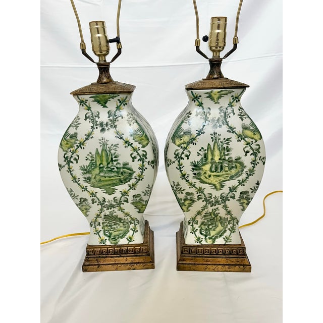 Chinoiserie Hand Painted Green Floral Vintage Lamps – A Pair Bring timeless elegance to your space with this stunning pair...