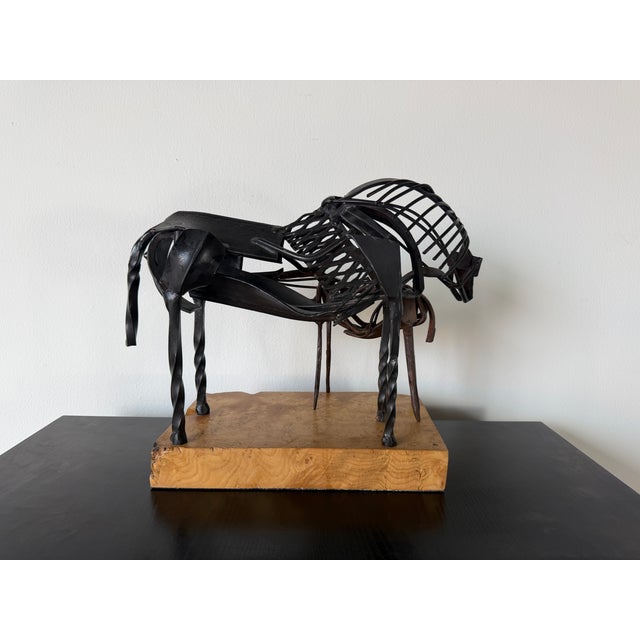 Vintage Brutalist Abstract Mare & Foal Metal Sculpture on Burl Wood Base For Sale In Miami - Image 6 of 16