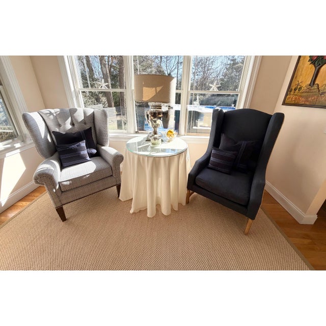 A Pair of Custom Blue Wingback Chairs Blue Herringbone by Mitchell Gold & Bob Williams / Navy Blue Linen by Restoration Hardware For Sale - Image 10 of 18