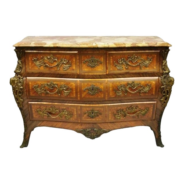 French Louis XV Style Inlaid Marble Top Bombe Commode Chest With Bronze Figures For Sale
