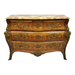 French Louis XV Style Inlaid Marble Top Bombe Commode Chest With Bronze Figures