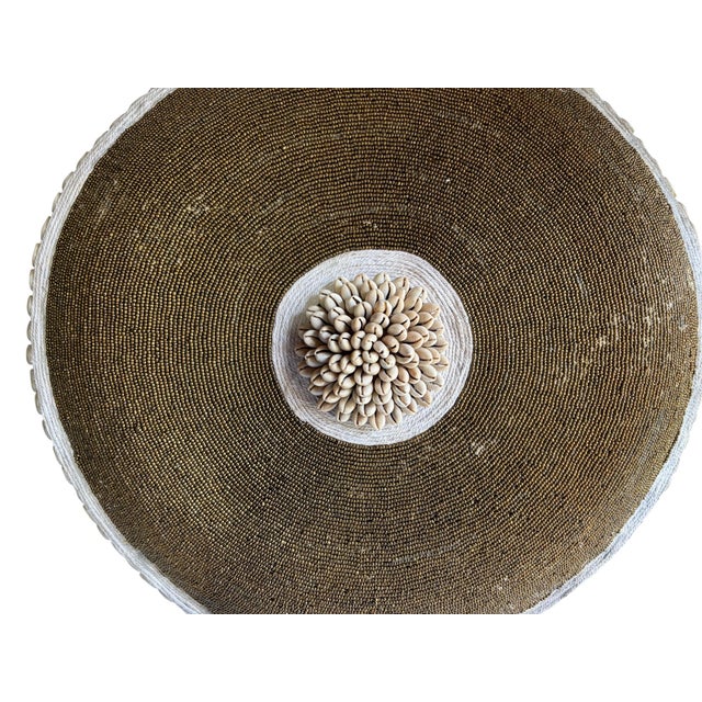 Vintage African Bamileke Tribe Beaded & Shell Round Wooden Shield 20.5" D For Sale - Image 4 of 8