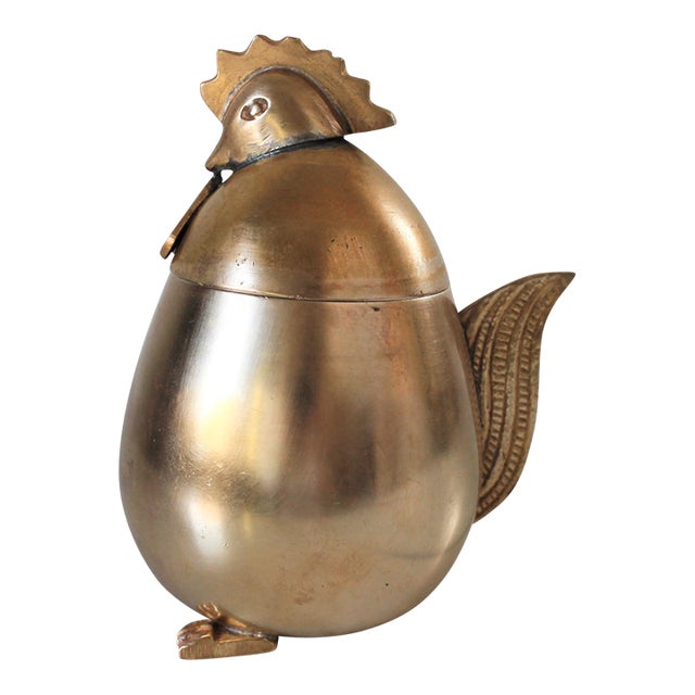 Vintage Polished Brass Egg-Shaped Container With a Rooster Head Lid For Sale
