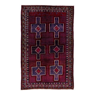 1960s Vintage Persian Shiraz Handmade Red Geometric Wool Rug For Sale