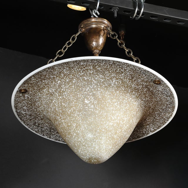 Daum Nancy Art Deco Basin Form Acid Etched Green Gold & White Glass Pendant Signed Daum For Sale - Image 4 of 16