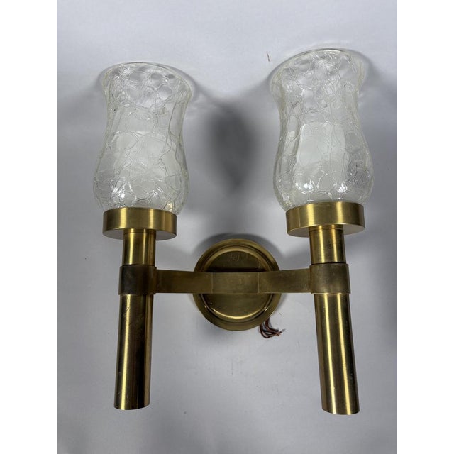 Jean perzel (1892 - 1986) pair of two-light wall sconces in gilt brass and crackled blown glass model 160 l modernist...