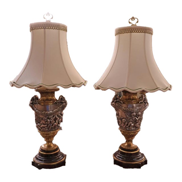 Pair of 19th Century Marble & Silvered Bronze French Bacchus Lamps After Clodion For Sale