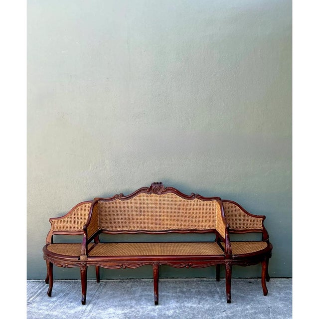 French Provincial Vintage Carved Wood and Cane Settee For Sale - Image 3 of 12