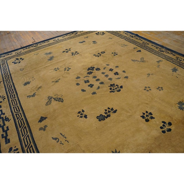 Chinese 1900s Beige Foliate Greek Key Deco Antique Chinese Peking Wool Rug 8'4" X 10'2" For Sale - Image 3 of 9