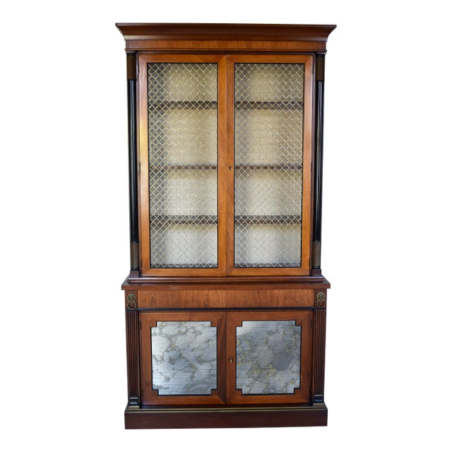 English Regency Mahogany Bookcase China Cabinet With Brass Lattice Doors For Sale