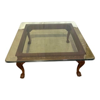 Vintage Chippendale Style Mahogany Square Glass Top Ball and Claw Foot Coffee Table For Sale