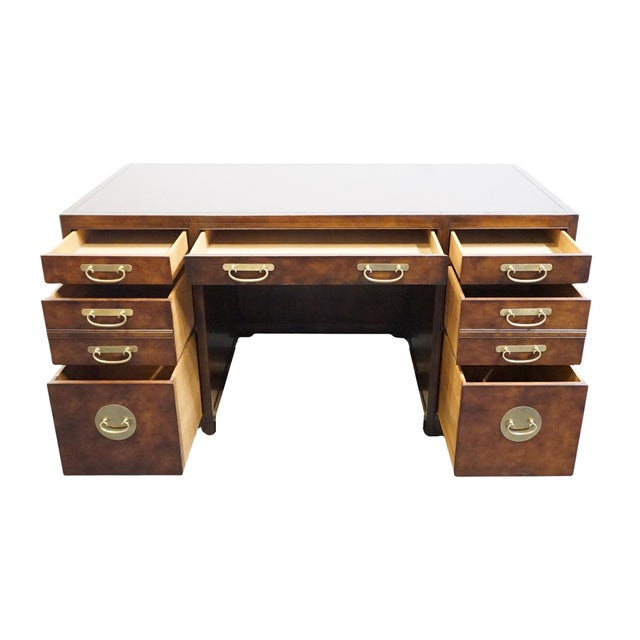 Baker Furniture Burled Walnut Asian Ming Chinoiserie 60" Executive Office Desk For Sale In Kansas City - Image 6 of 12